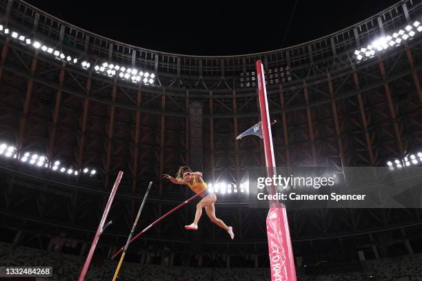 Angelica Bengtsson of Team Sweden competes in the Women's Pole Vault Final on day thirteen of the Tokyo 2020 Olympic Games at Olympic Stadium on...