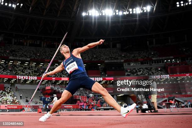 Kevin Mayer of Team France competes in the Men's Decathlon Javelin Throw on day thirteen of the Tokyo 2020 Olympic Games at Olympic Stadium on August...