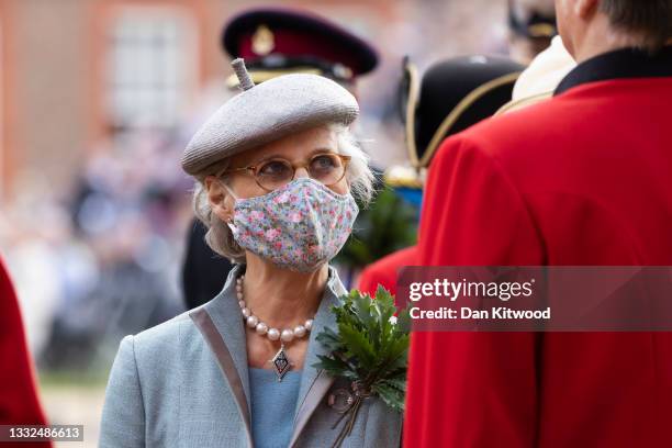 Birgitte, Duchess of Gloucester attends the Founder's Day Parade at Royal Hospital Chelsea on August 05, 2021 in London, England. The event, which is...