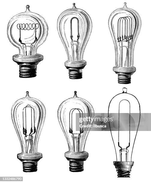 sammlung antiker illustrationen wissenschaftlicher entdeckungen: glühbirne - elektrische lampe stock-grafiken, -clipart, -cartoons und -symbole