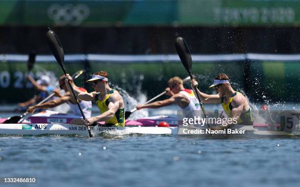 Jean van der Westhuyzen and Thomas Green of Team Australia in action on their way to winning the gold medal following the Men's Kayak Double 1000m...