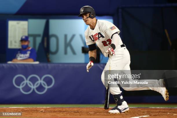 Tyler Austin of Team United States hits a single in the fifth inning against Team Republic of Korea during the semifinals of the men's baseball on...