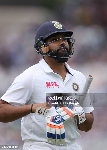 Rohit Sharma of India is out bowled by Ollie Robinson of England and caught by Sam Curran of England during day two of the First LV= Insurance test...