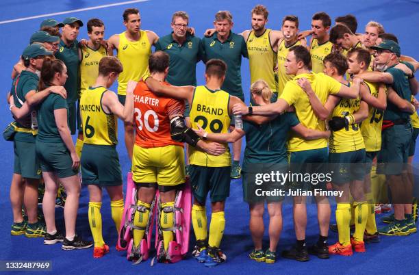 Team Australia huddle following a loss in the Men's Gold Medal match between Australia and Belgium on day thirteen of the Tokyo 2020 Olympic Games at...