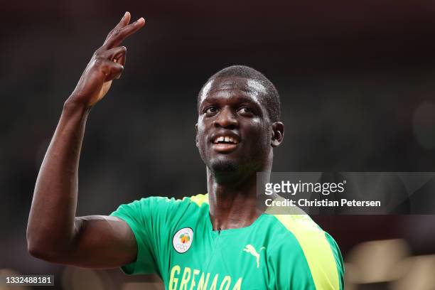 Kirani James of Team Grenada reacts after winning the bronze medal in the Men's 400m Final on day thirteen of the Tokyo 2020 Olympic Games at Olympic...