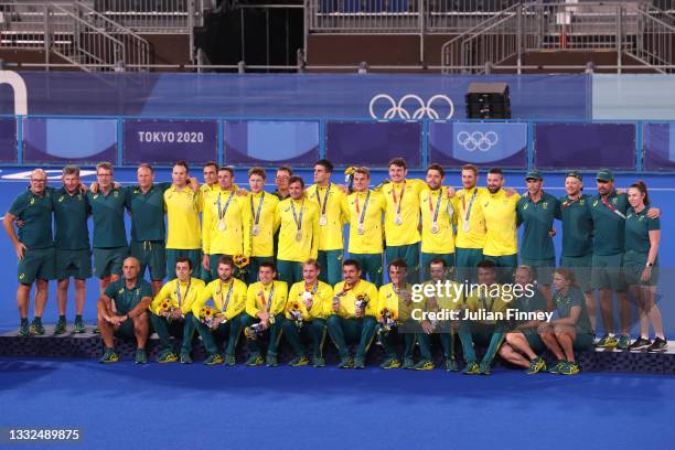 Team Australia pose following being presented with their Silver Medals during the Victory Ceremony following the Men's Gold Medal match between...