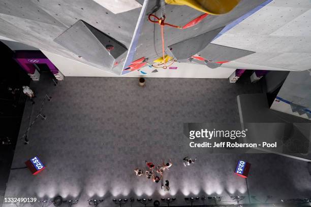 General View as competitors assess the wall during the Sport Climbing Men's Combined Final on day thirteen of the Tokyo 2020 Olympic Games at Aomi...