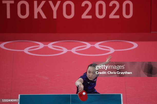 Ito Mima of Team Japan in action during her Women's Team Gold Medal table tennis match on day thirteen of the Tokyo 2020 Olympic Games at Tokyo...