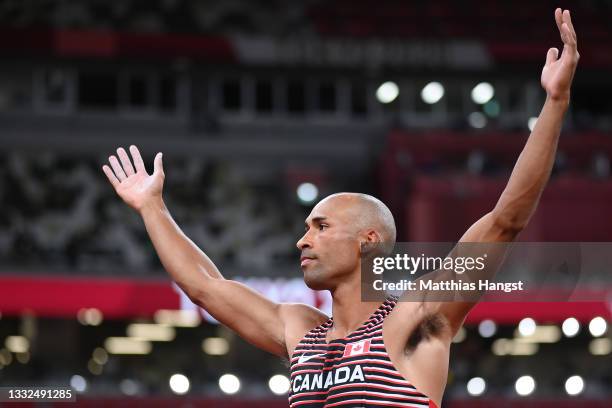 Damian Warner of Team Canada reacts as he competes in the Men's Decathlon Javelin Throw on day thirteen of the Tokyo 2020 Olympic Games at Olympic...