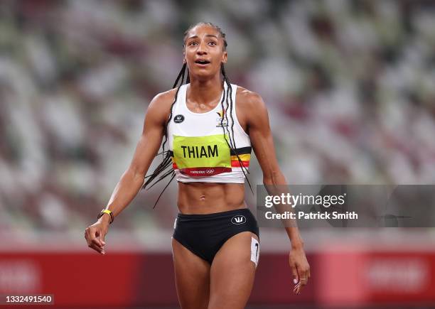 Nafissatou Thiam of Team Belgium reacts after competing in the Women's Heptathlon 800m heats on day thirteen of the Tokyo 2020 Olympic Games at...