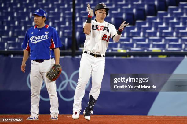 Tyler Austin of Team United States reacts after hitting a two RBI single in the sixth inning against Team Republic of Korea during the semifinals of...