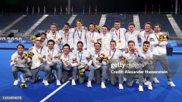 Team Belgium celebrate with their Gold Medals during the Victory Ceremony following the Men's Gold Medal match between Australia and Belgium on day...