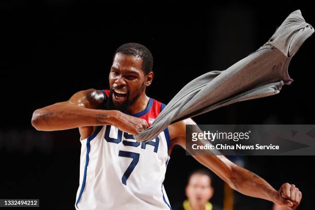 Kevin Durant of Team United States reacts during the Basketball semi final match between Australia and the United States on day thirteen of the Tokyo...