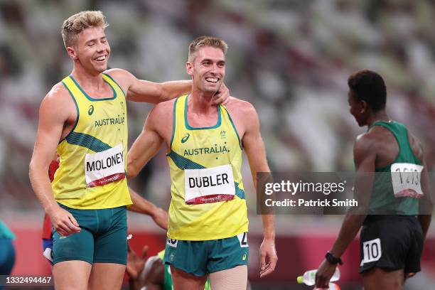 Cedric Dubler and Ashley Moloney of Team Australia react after competing in the Men's Decathlon 1500m on day thirteen of the Tokyo 2020 Olympic Games...