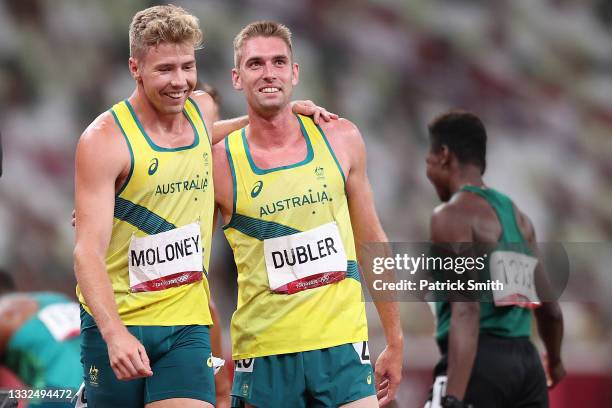 Cedric Dubler and Ashley Moloney of Team Australia react after competing in the Men's Decathlon 1500m on day thirteen of the Tokyo 2020 Olympic Games...
