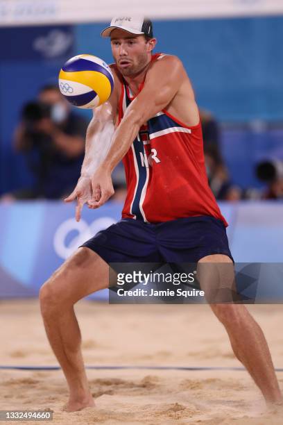 Anders Berntsen Mol of Team Norway competes against Team Latvia during Men's Semifinal beach volleyball on day thirteen of the Tokyo 2020 Olympic...