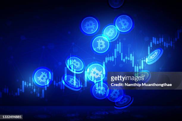 cryptocurrency illustration concept shows the bitcoin dropping down to the fall with the growth sign of graph on the blue shiny abstract background. - crowdfunding concept stockfoto's en -beelden