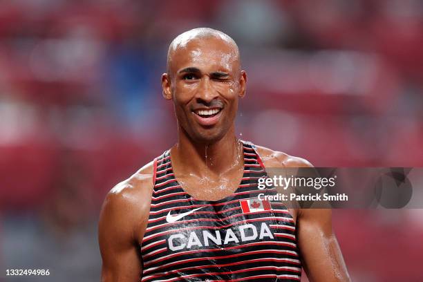 Damian Warner of Team Canada celebrates after winning the gold meldal in the Men's Decathlon on day thirteen of the Tokyo 2020 Olympic Games at...