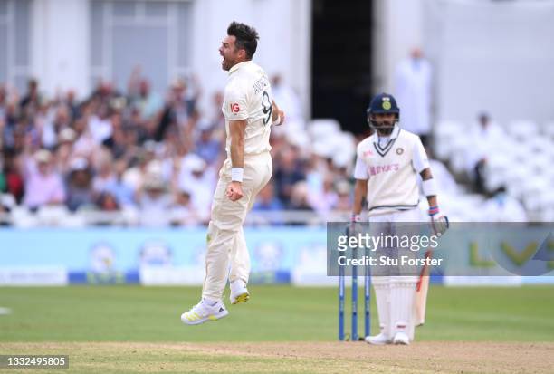 England bowler James Anderson celebrates the wicket of Virat Kohli first ball during day two of the First Test Match between England and India at...
