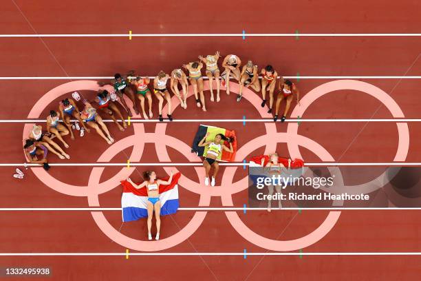 The Women's Heptathletes pose for a photo following their competition on day thirteen of the Tokyo 2020 Olympic Games at Olympic Stadium on August...