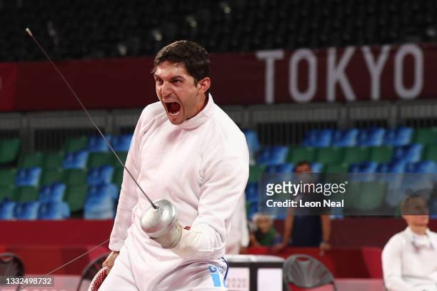 Charles Fernandez of Team Guatemala celebrates during the Fencing Ranked Round of the Men's Modern Pentathlon on day thirteen of the Tokyo 2020...