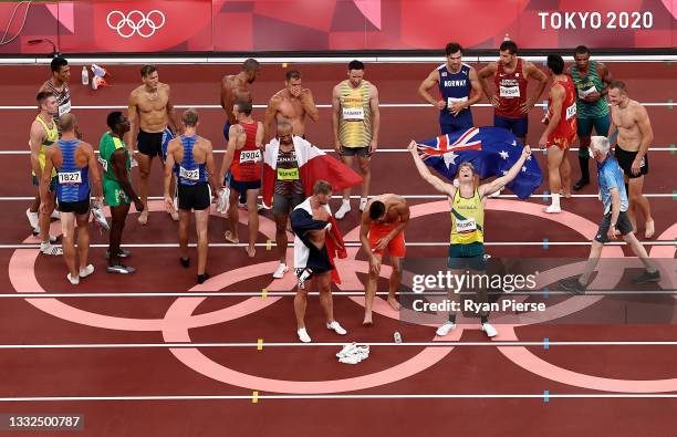 Ashley Moloney of Team Australia reacts after winning the bronze medal in the Men's Decathlon in the Women's Pole Vault Final on day thirteen of the...