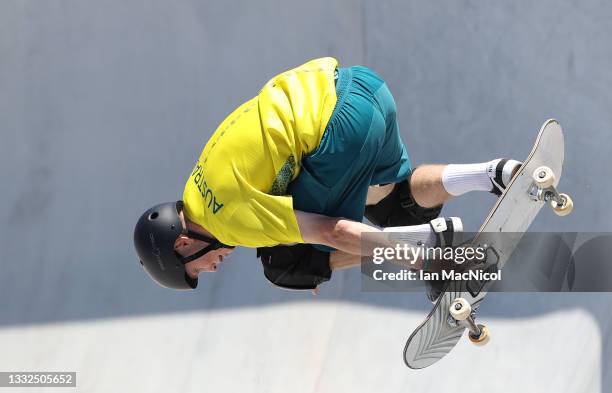 Kieran Woolley of Team Australia competes during the Men's Skateboarding Park Preliminary Heat 1 on day thirteen of the Tokyo 2020 Olympic Games at...