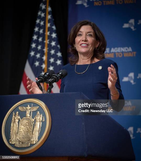 Lieutenant Governor Kathy Hochul speaking at Half Hollow Hills East School with Parkland parents present, on the gun law campaign in Dix Hills, New...