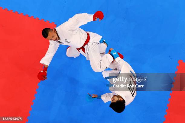 Steven Da Costa of Team France competes against Eray Samdan of Team Turkey during the Men’s Karate Kumite -67kg Gold Medal contest on day thirteen of...
