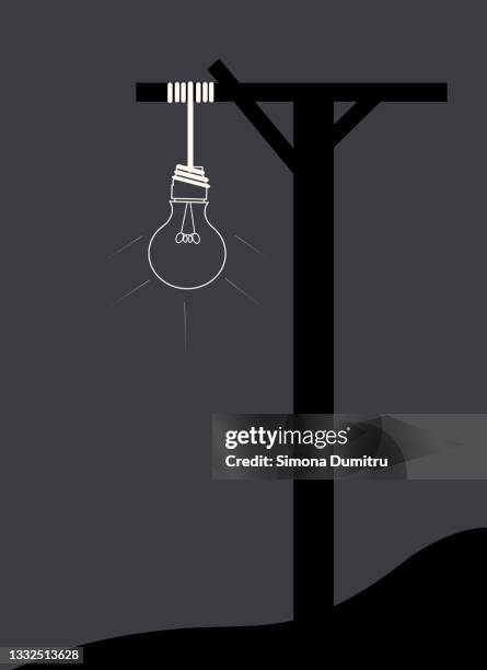 illustration of a light bulb as a rope hanging on a wood frame, isolated on a grey background - hanging death photos stock pictures, royalty-free photos & images