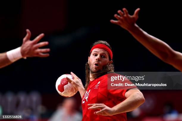 Mikkel Hansen of Team Denmark shoots at goal during the Men's Semifinal handball match between Spain and Denmark on day thirteen of the Tokyo 2020...