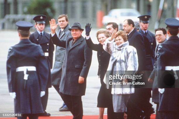 Soviet leader Mikhail Gorbachev with his wife Raisa Gorbachev, and Margaret Thatcher, UK Prime Minister, upon their arrival at RAF Brize Norton,...