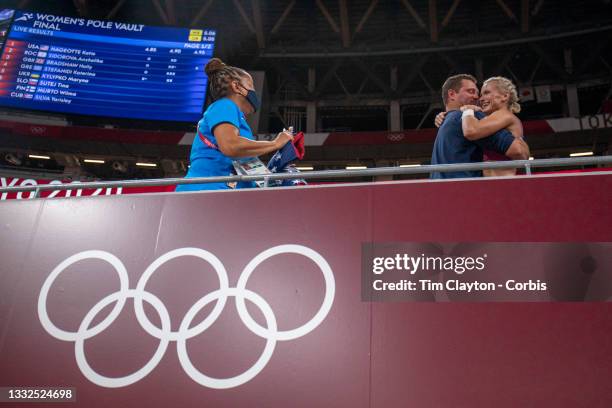 August 5: Katie Nageotte of the United States celebrates her gold medal performance with coach Brad Walker after the pole vault for women during the...