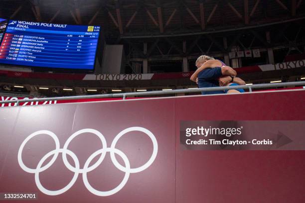 August 5: Katie Nageotte of the United States celebrates her gold medal performance with coach Brad Walker after the pole vault for women during the...
