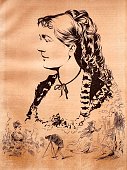 Marie von Rabatinsky, opera singer, soprano, silhouette of her beauty with long curly hair, admired and illustrated by many admirers and photographers
