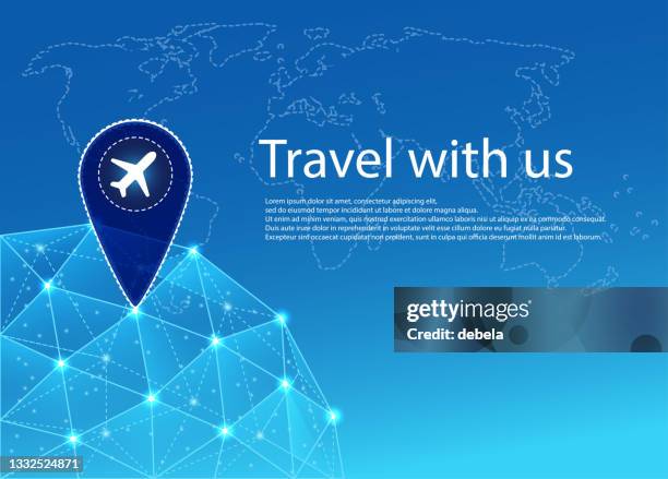 airplane map pointer on a low-poly wireframe background. worldwide travel concept. - business travel stock illustrations