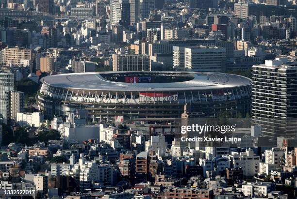 General view outside the Olympic Stadium on day thirteen of the Tokyo 2020 Olympic Games at Olympic Stadium on August 05, 2021 in Tokyo, Japan.