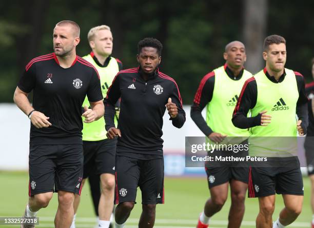 Fred of Manchester United in action during a first team training session on August 05, 2021 in St Andrews, Scotland.