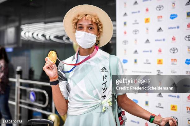 German athlete Malaika Mihambo returns home after the olympics, at Flughafen Frankfurt on August 05, 2021 in Frankfurt am Main, Germany.