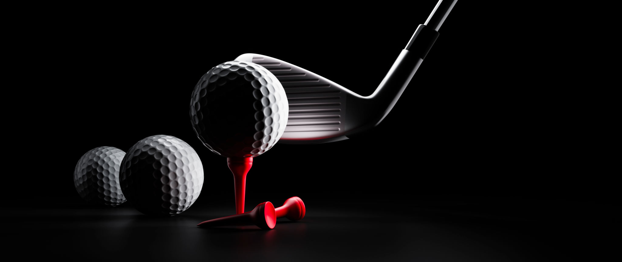 Group of golf balls with driver and red tee Group of golf balls with driver and red tee
