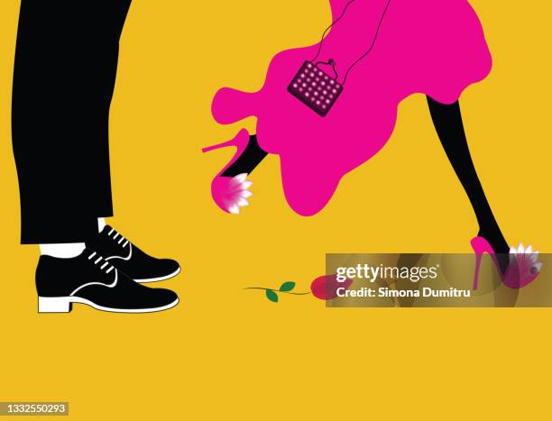 illustration of a couple having a breakup and the girl refusing his rose - cheating boyfriend stock pictures, royalty-free photos & images