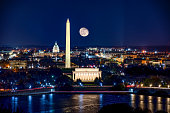Aerial View of Washington DC with a Full Moon