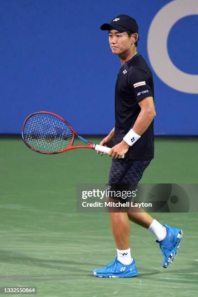 Yoshihito Nishioka of Japan looks on during a match against Jack Sock of the United States on Day 3 during the Citi Open at Rock Creek Tennis Center...