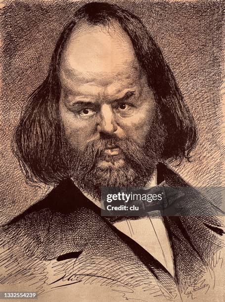 portrait of a man in formal dress with bow tie: a big brain, high forehead, long hair and piercing eyes - big hair stock illustrations stock illustrations