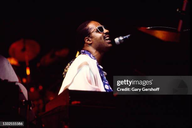 American R&B, Soul, Jazz, and Pop musician Stevie Wonder plays keyboards as he performs onstage at Radio City Music Hall, New York, New York, October...