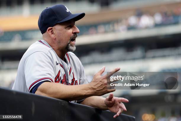 Walt Weiss of the Atlanta Braves talks to a fan before taking on the New York Mets at Citi Field on July 27, 2021 in New York City.