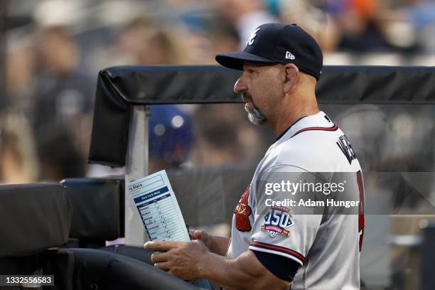 Walt Weiss of the Atlanta Braves looks on during the second inning against the New York Mets at Citi Field on July 27, 2021 in New York City.