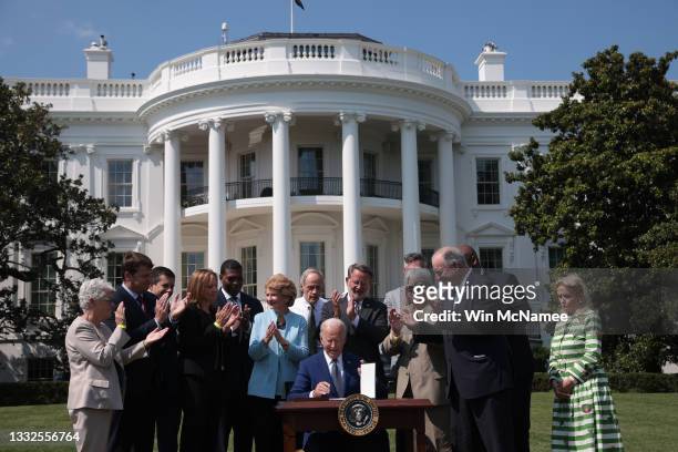President Joe Biden signs an executive order after delivering remarks during an event on the South Lawn of the White House August 5, 2021 in...