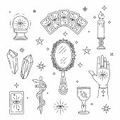 Set of magic symbols, witch tattoos, prediction, tarot cards.