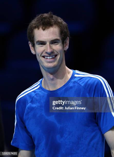 Andy Murray of Great Britain smiles during previews for the ATP World Tour Finals Tennis at the O2 Arena on November 18, 2011 in London, England.